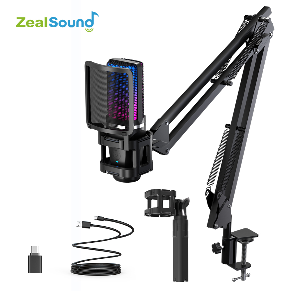Streaming Mic Condenser - Zealsound RGB 녹음 마이크, 관절 암,